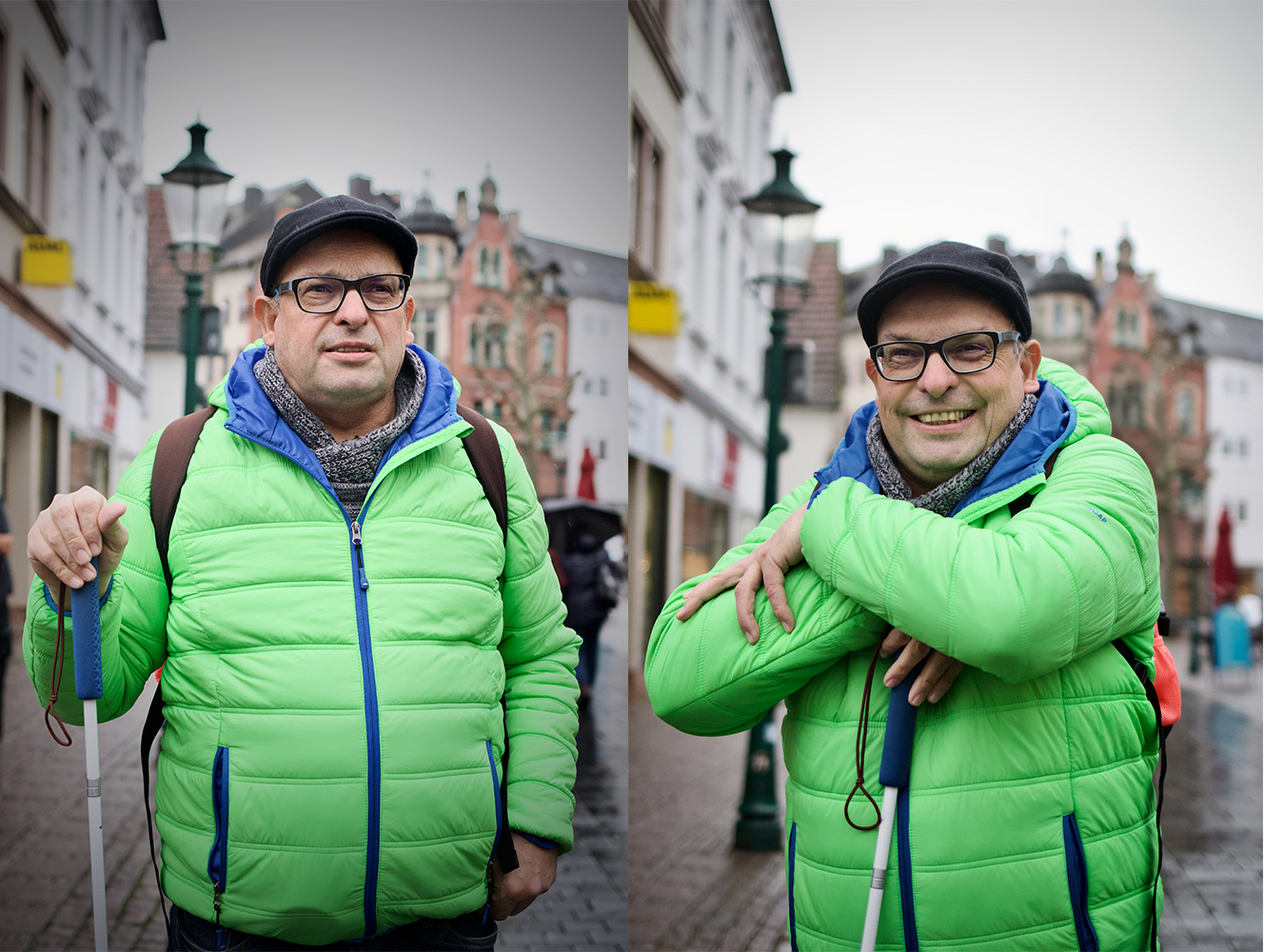 Werner Auth hält einen Blindenstock in der Hand und blickt lächelnd in die Kamera.