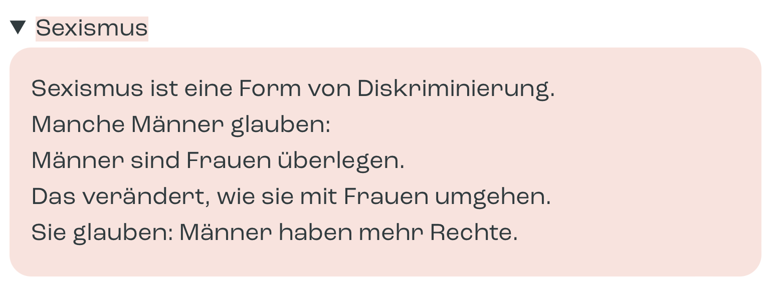 In einem bunten Kasten ist als Beispiel die Erklärung des Worts "Sexismus" zu sehen.
